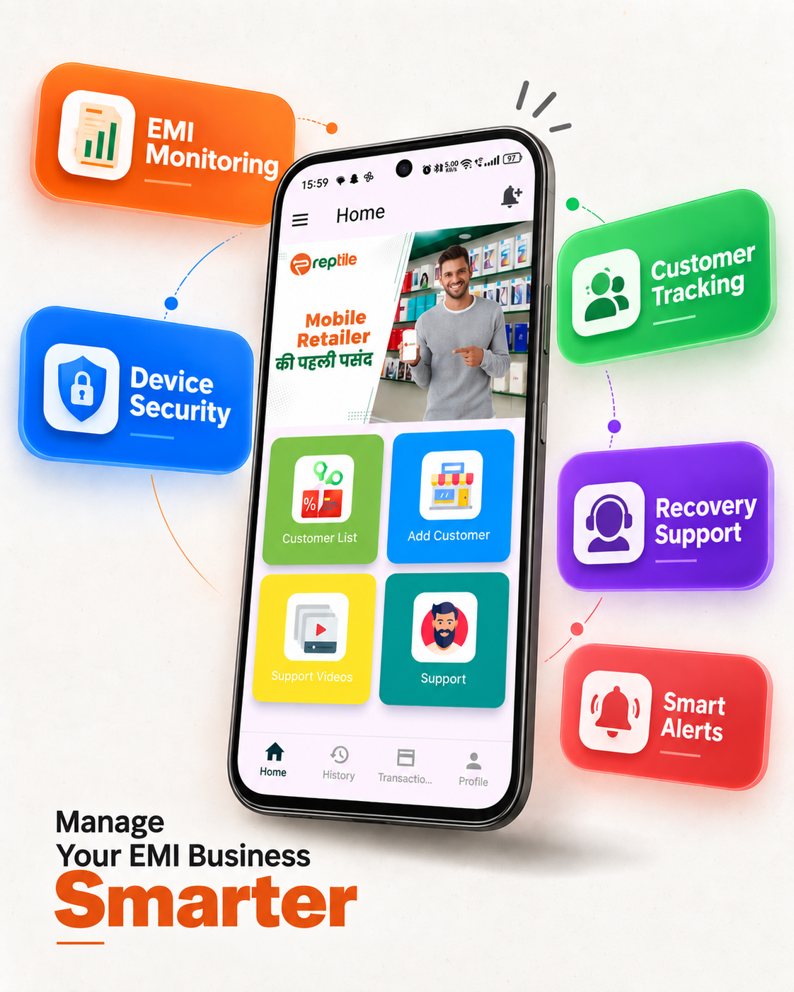Reptile EMI Security app home screen with EMI Monitoring, Device Security, Customer Tracking, Recovery Support and Smart Alerts